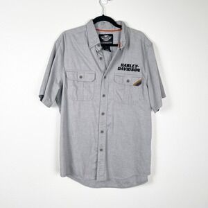 Harley Davidson Mens Short Sleeve Button Up Shirt Gray Sz XL‎